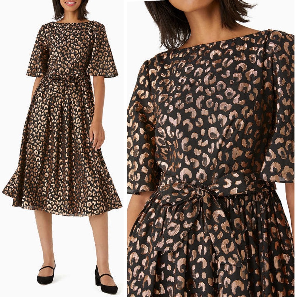 PLUS Kate Spade NWT Black & Metallic Gold Leopard Belted Pocket Midi Dress Sz 14